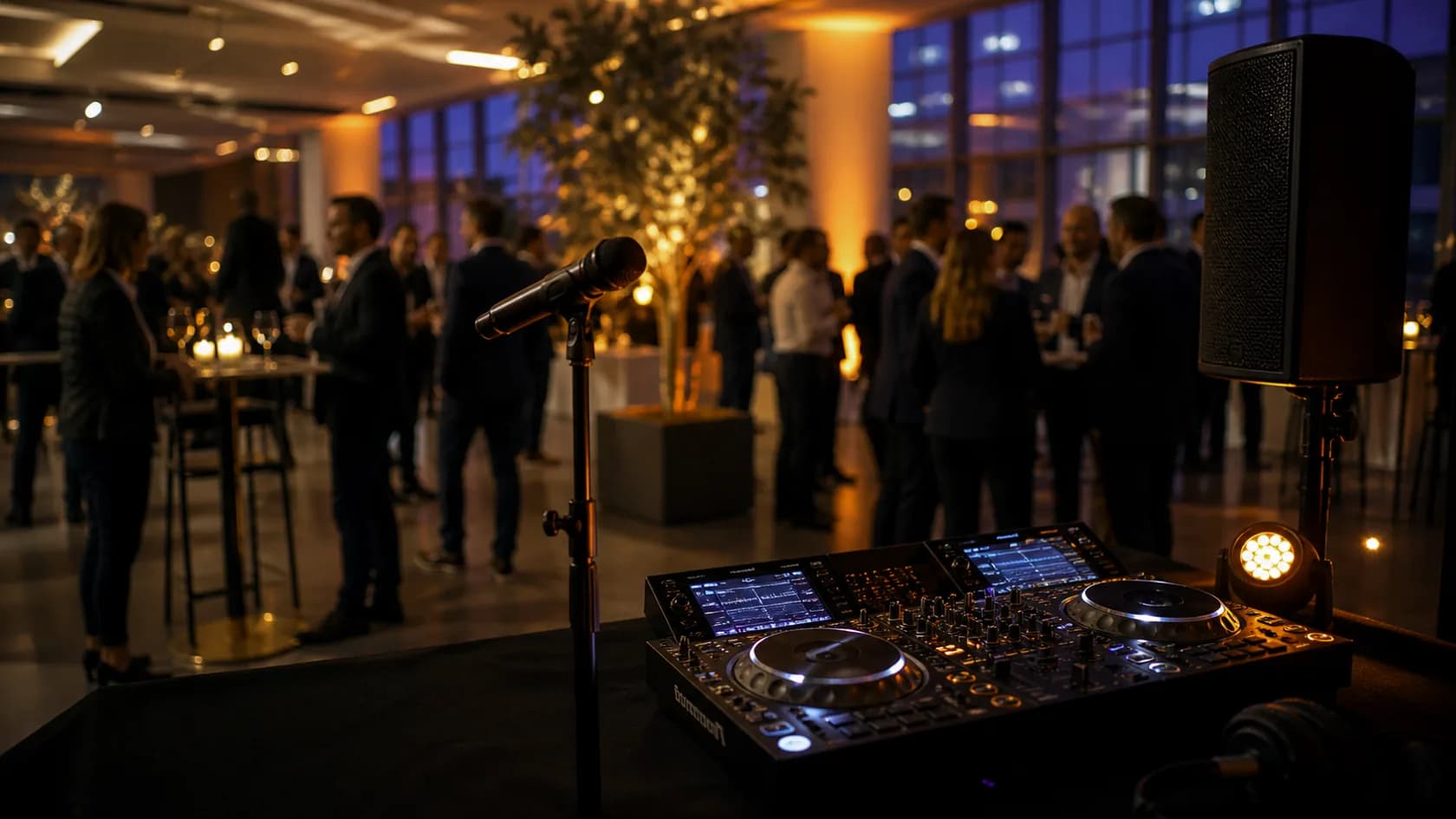 Technik für Firmenfeiern Mikrofone Sound und Licht mit DJ Setup und Eventstimmung