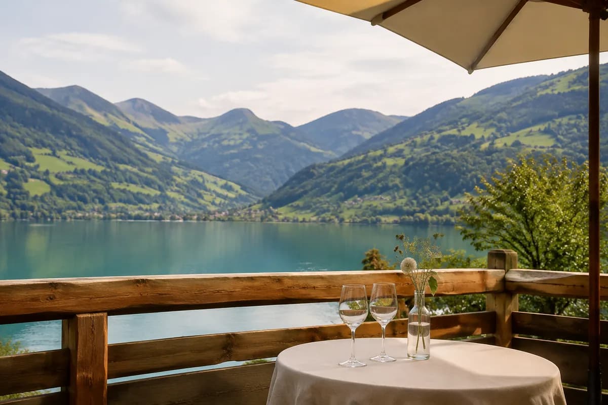 Symbolbild: Apérotisch auf einer Seeterrasse mit Blick auf grüne Berghänge