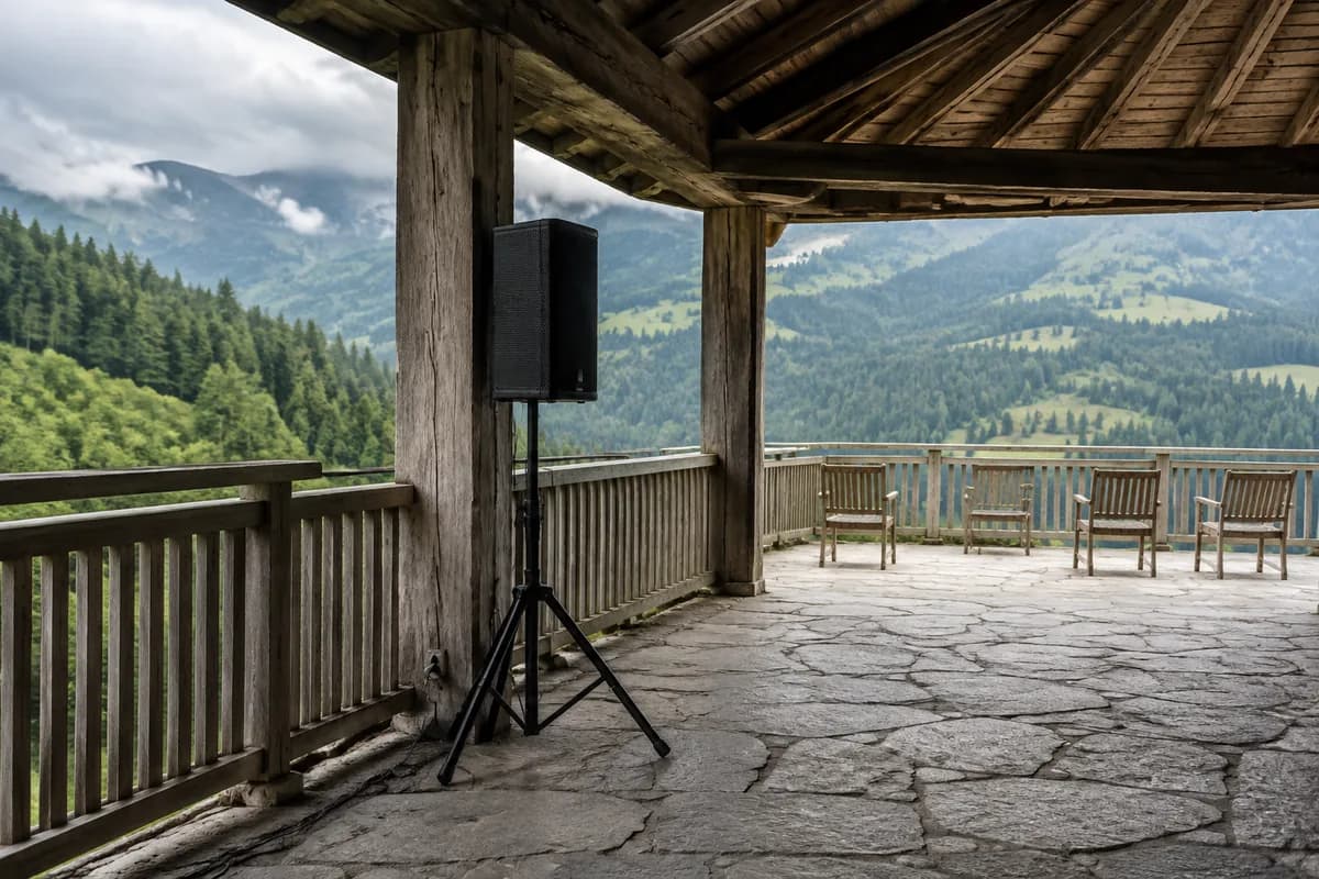 Symbolbild: Lautsprecher unter einem Terrassendach vor einer Berglandschaft