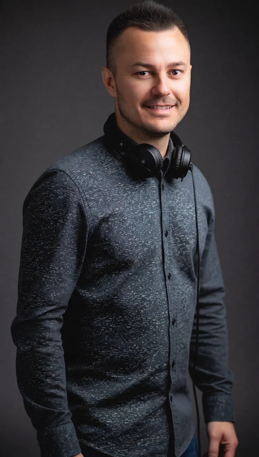 DJ Canis mit Kopfhörern vor dunklem Hintergrund