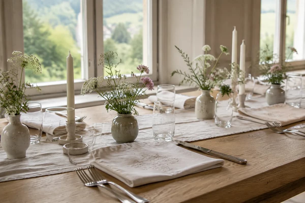 Symbolbild: Hochzeitstisch mit bestickten Leinenservietten, Gläsern und Wiesenblumen