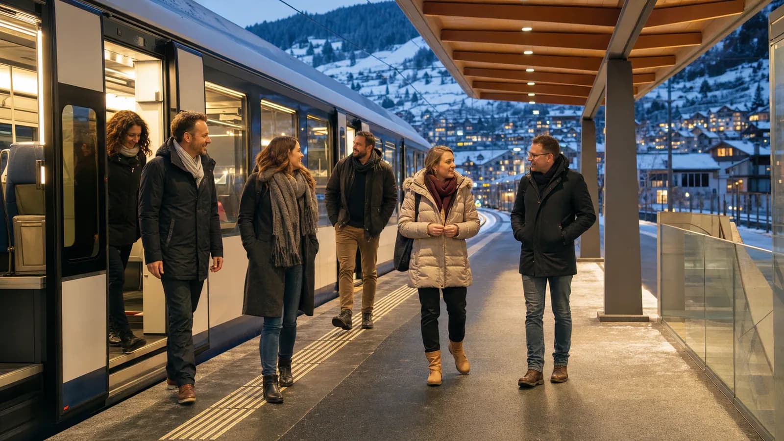 Firmenteam steigt im Winter an einem Schweizer Bahnhof aus dem Zug