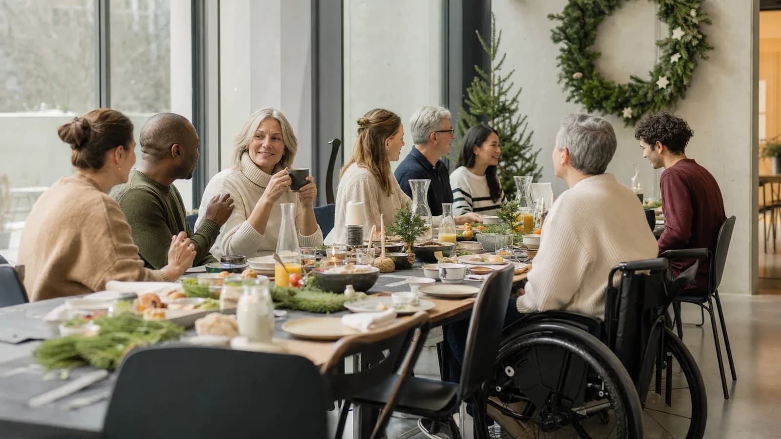 Barrierefreier Firmenbrunch mit einem gemischten Team an einer langen Tafel