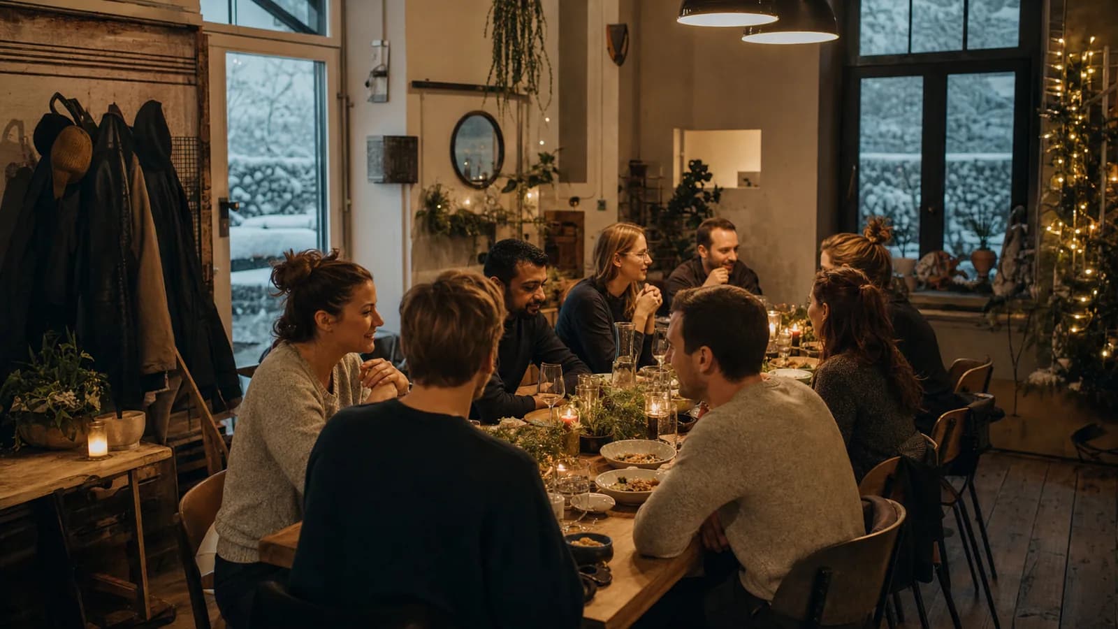 Kleines Firmenteam bei einer persönlichen Weihnachtsfeier an einem gemeinsamen Tisch