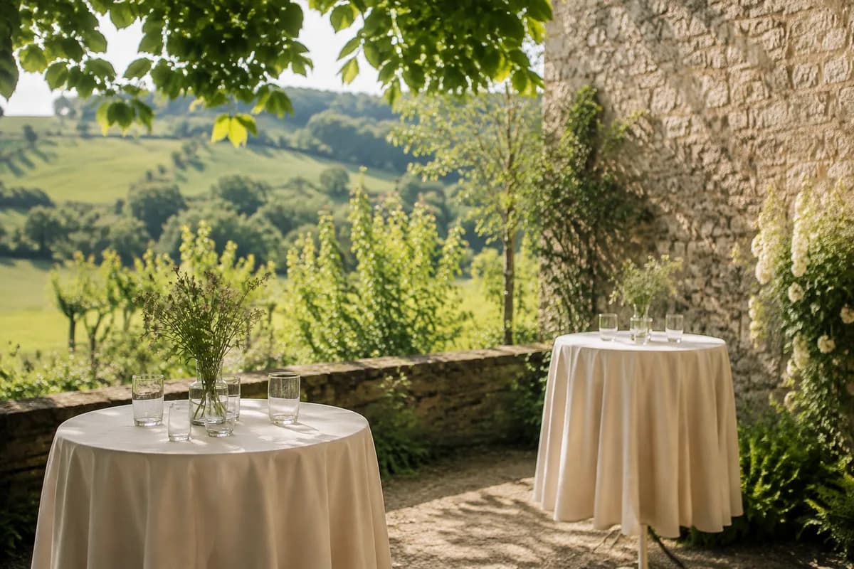 Symbolbild: vorbereitete Apérotische in einem Garten mit Blick ins Grüne