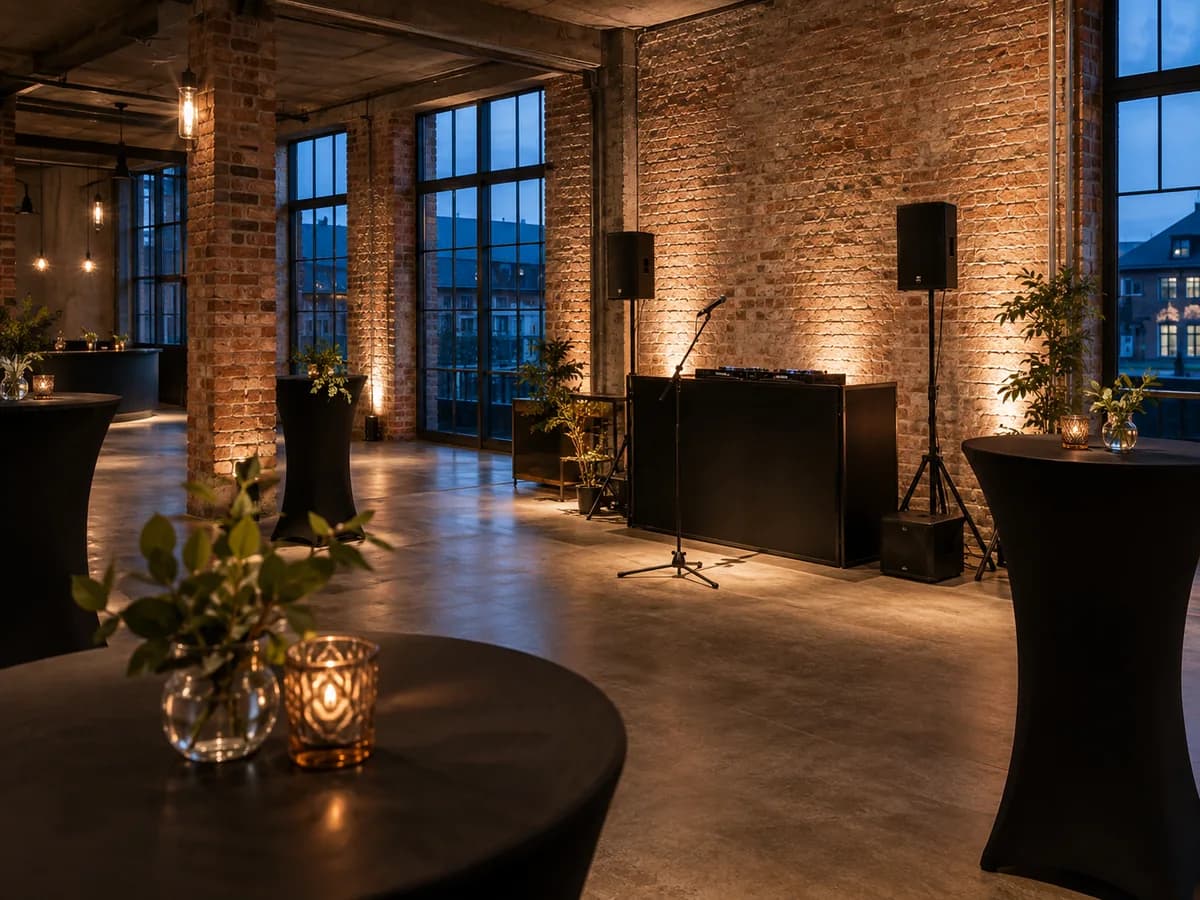 Symbolbild: DJ Pult, Mikrofon und Stehtische für eine Firmenfeier im Loft