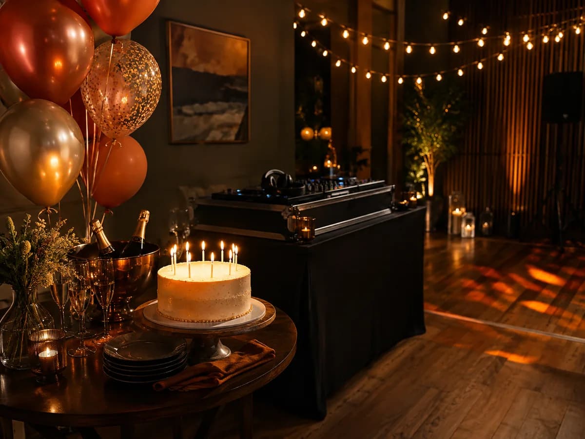 Symbolbild: Geburtstagstorte, Ballons und DJ Pult in einer festlich beleuchteten Lounge