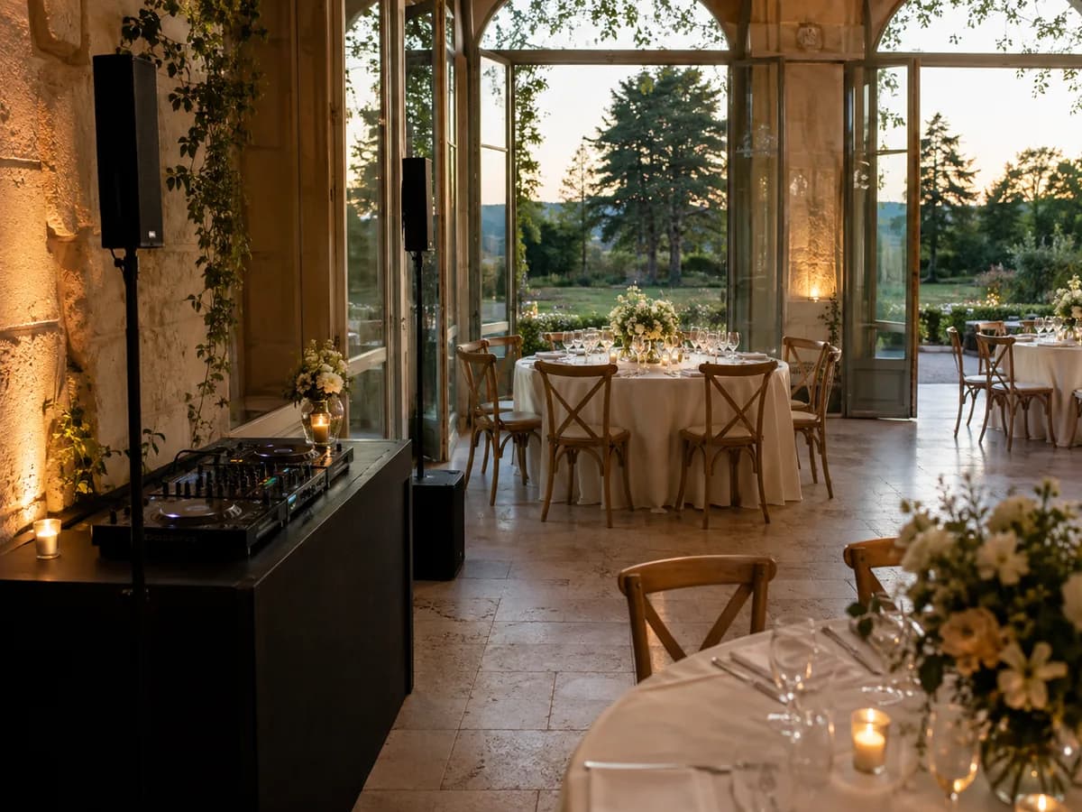 Symbolbild: DJ Pult und festlich gedeckte Hochzeitstische in einer Orangerie